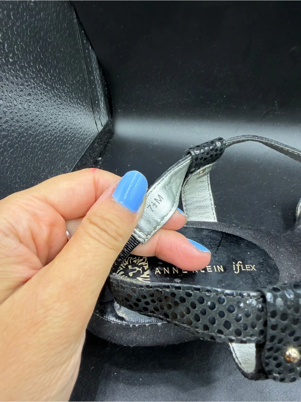 Anne Klein Black Textured Low Wedge Sandals